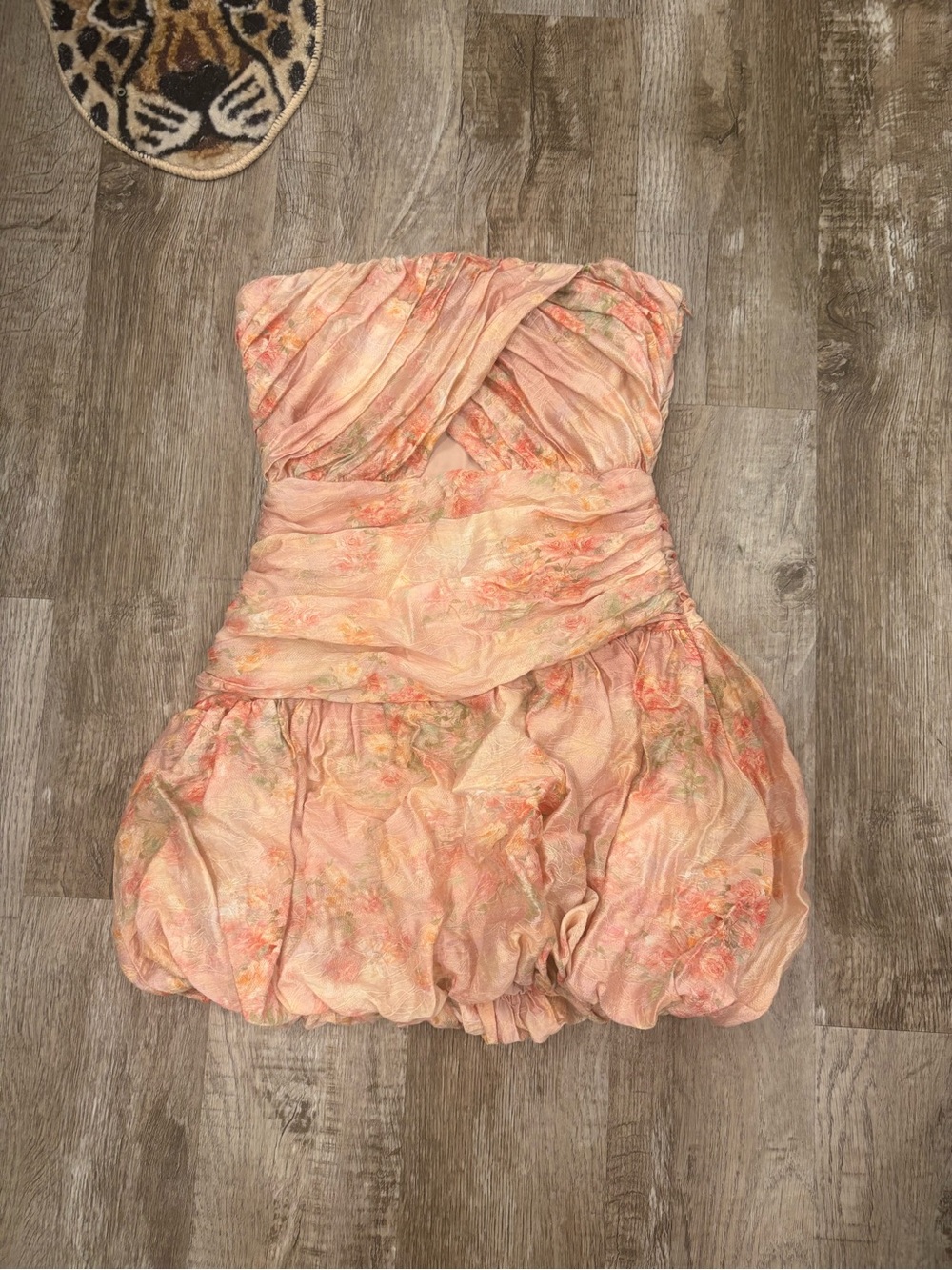 REVOLVE Strapless Peach-Pink Floral Bubble Hem Dress